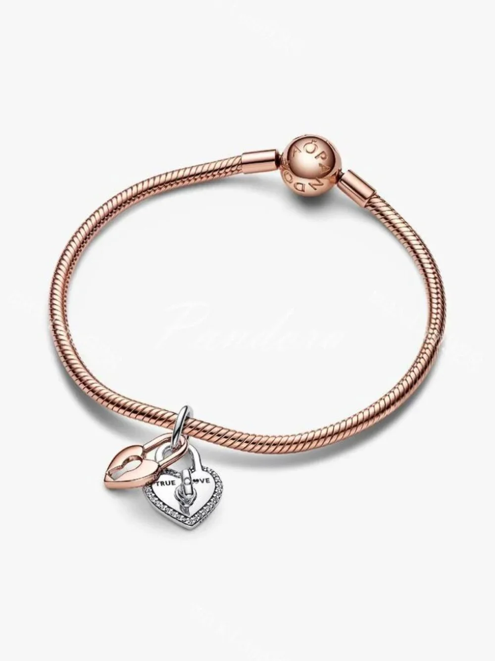Pandora Two-tone Twistable Heart Padlock Double Dangle Charm